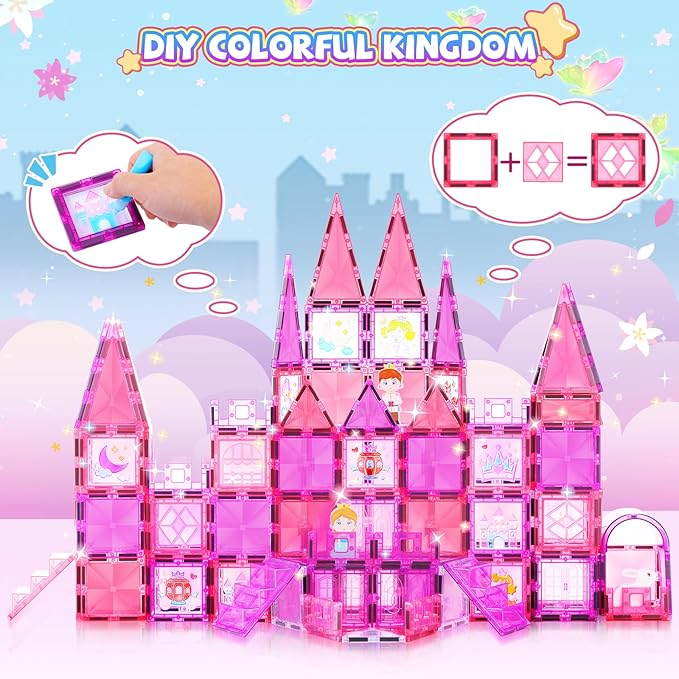 Magnetic Tiles, 101PCS Magnetic Blocks with Cars, Princess Magnet Building Tiles Construction Sets, Castle Magnet Blocks STEM Toys for Girls Kids Toddlers Ages 3 4 5 6 7 8 9+ Year Old