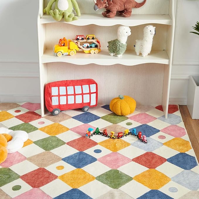 jinchan Area Rug 3x5 Kids Washable Indoor Floor Cover Non Slip Modern Soft Rug Living Room Diamond Carpet Holiday Decor for Nursery Dining Room Bedroom Circus on Cream