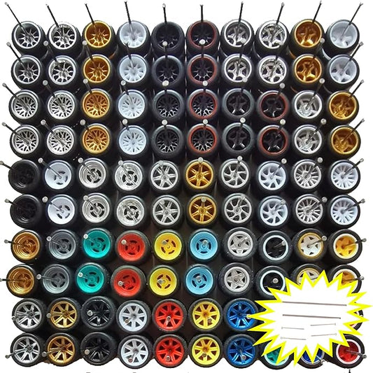 1:64 Scale Rubber Tire and Axle Set – 10-Pack Custom Wheels with Easy-Install Axles for Hot Wheels & Matchbox Cars – Mixed Styles, No Drilling Needed