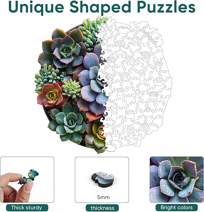 Succulent Wooden Puzzle Adult,200 Pieces Round Mandala Plants Puzzles,Extra Thick 5MM,Unique Shaped Liberty Jigsaw Puzzles for Adults and Kids, Family Game,Birthday Gifts,11.2x11.2 Inches