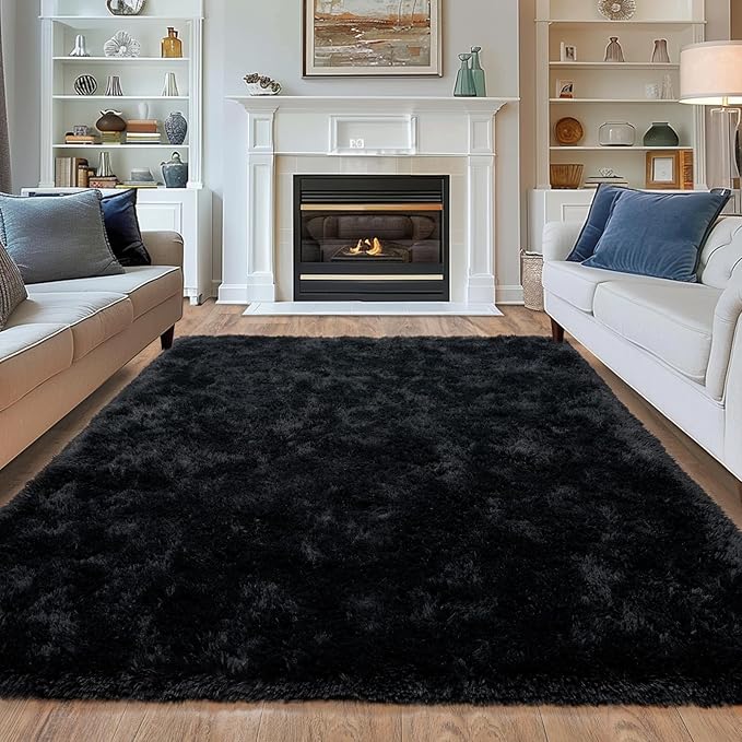Super Fluffy 9x12 Rugs for Living Room, Modern Shag Black Area Rugs, Soft and Cozy Plush Large Under Bed Carpet for Kids, Girls Boys and Teens Decorations for Bedroom Dorm Nursery Classroom
