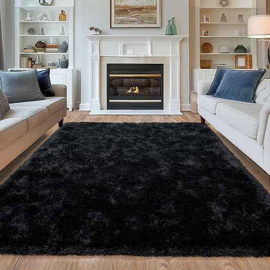 Super Fluffy 9x12 Rugs for Living Room, Modern Shag Black Area Rugs, Soft and Cozy Plush Large Under Bed Carpet for Kids, Girls Boys and Teens Decorations for Bedroom Dorm Nursery Classroom