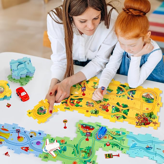Puzzle Racer Kids Car Track Set, Kids Toys Boys 3-5, Toys for 2 3 4 5 6 Year Old Boys, Toys for Ages 2-4, Montessori Toys for 3+ Year Old, Fat Brain Toys(100Pcs, 4 Themes)