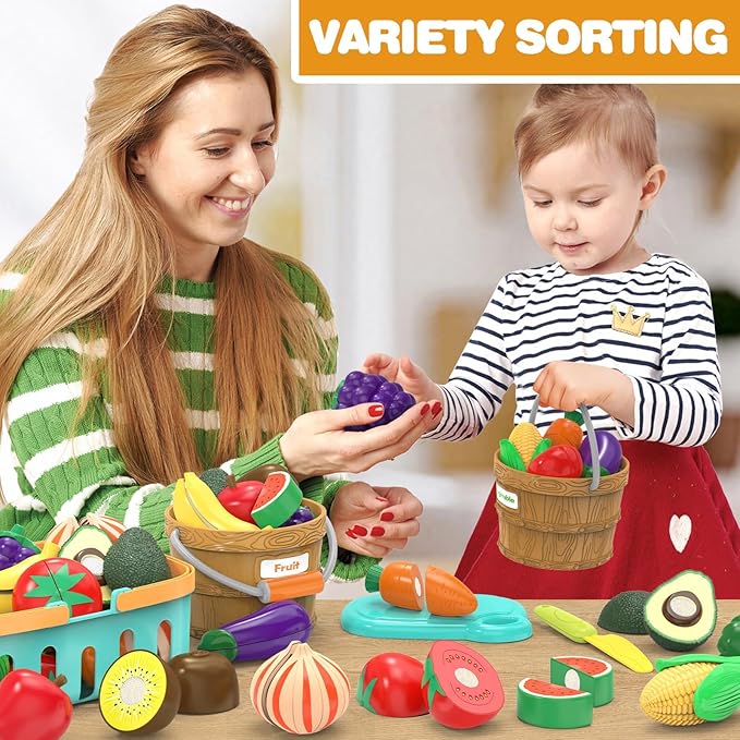 Sorting Play Food Sets - 2 Buckets with Handle, 1 Storage Basket, Fruit&Vegetable Cutting Food Toy, Pretend Fake Kids Kitchen Accessories for Preschool Learning,Birthday Gifts for Toddler Educational