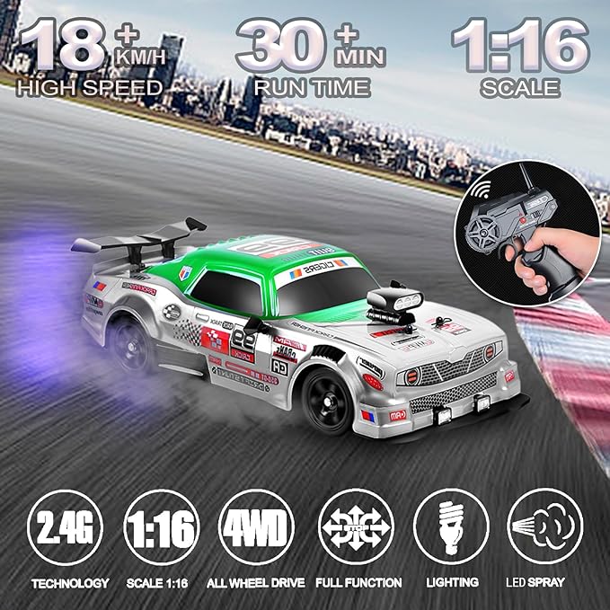 YUZ RC Drift Car Remote Control Car 1:16 2.4GHz 4WD 18KM/H High Speed RC Car with LED Lights Spray Racing Toy Car Rechargeable Batteries for Adults Boys Girls Kids Birthday Gift