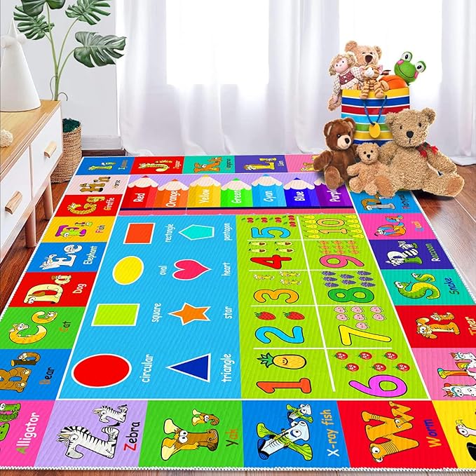 Kids Alphabet Play Game Rug - 6'x9' ABC Numbers and Shapes Educational Learning Toddler Carpet - Kids Room Playroom Classroom Kindergarten Activity Fun Soft Non-Slip Mat