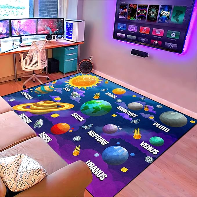 Black Space Rugs Educational Learning Large Size Solar System Carpet Rugs for Bedroom Boys Space Area Rug Living Bedroom Dining Room Decor Crystal Polyester Area Rug Door Mats, 3'×4'