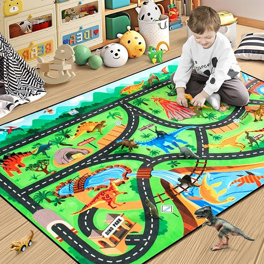 Kids Rug, Car Carpet for Kids' Toy Cars, 4x6 Ft Dinosaur Rug, Dino Safari Road Rugs for Playroom, Educational Learning & Game Area Playmat Carpet for Kid