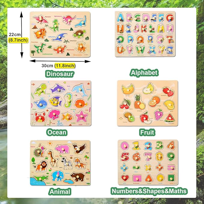 6PCS Toddler Wooden Peg Puzzle Toys for Age 2-4 3-5 Year Old Boys Girls,Educational Learning Sensory Toy,Puzzles for Toddlers Kids,Dinosaur&Ocean&Alphabet&Number Shape&Animal&Fruit Puzzles