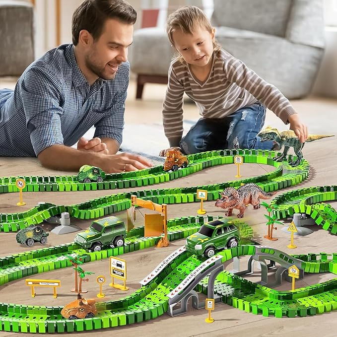 144 Pieces Dinosaur Toys Car Race Tracks Sets for Kids 3 4 5 6 7 8 Years Old - Flexible Tracks Playset with Kids Dinosaur, Electronic Toy Cars for Boys, Birthday Gifts for Toys Toddlers 3-5