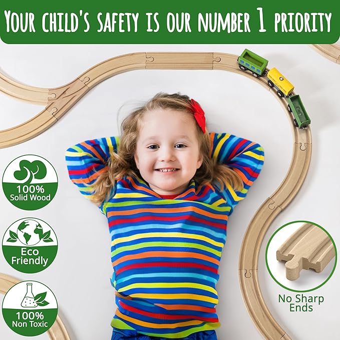 Wooden Train Tracks Set - 52 pcs+Bonus Railroad Map –Compatible W All Major Wooden Railway Toy Brands Including: Thomas The Train Track Set, Brio Train, Melissa and Doug Train Set for Kids 3+