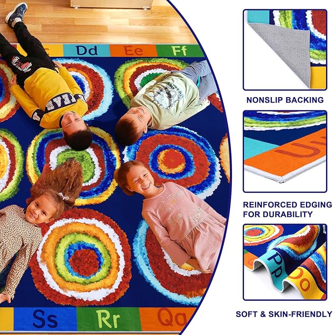 Classroom Rug 24 Seats Alphabet Educational Area Rug for Classroom Preschool Kids Room，ABC Kids Rug Rainbow Classroom Carpet, Playroom or Home Learning Floor Mat, 7'6" x 12', Deep Blue