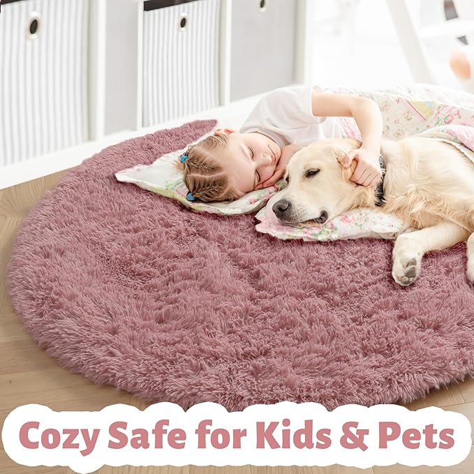 Blush Pink Fluffy Round Rug 5Ft for Bedroom, Fuzzy Plush Circle Area Rugs for Baby Kids Room Decor Aesthetic, Shaggy Circular Carpet for Teen Girls Nursery Dorm Playroom, Cute Dusty Rose Mauve Rug