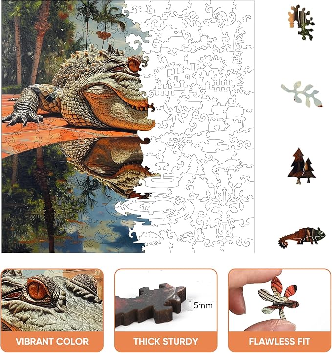 Wooden Puzzles for Adults, Outdoor Alligator Jigsaw Puzzles 500 Pieces, 15.9x15.9in, Unique Shaped Cool Reptile Animal Wood Adult Puzzle, Best Gifts for Adults and Kids Family Game