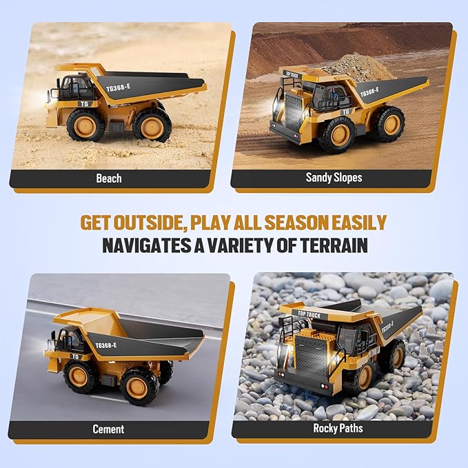 RC Dump Truck Toy, 9-Channel Remote Control Toy with Metal Bed & Light, Rechargeable Battery, Kids Construction Vehicle Truck for 3+ Boys, Perfect 2024 Kid Birthday Gift for Ages 3-12