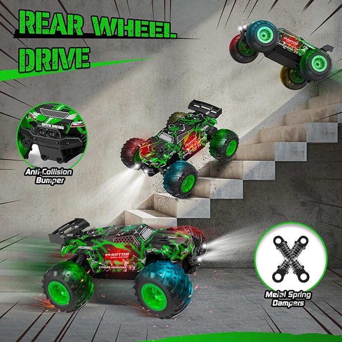 Remote Control Car, 1:18, All-Terrain Remote Control Truck with Headlight and Bodylight, 2WD, 20KM/H, PVC Shell, 2.4GHz, Rechargeable, Sturdy, Two Speed Control, Rc Cars for Kids, Green