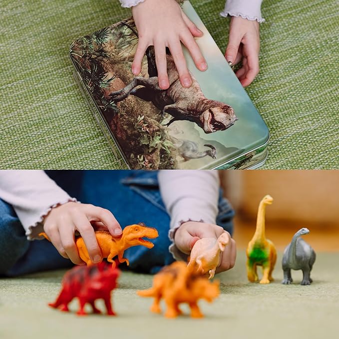 PLAYVIBE Dinosaur Toys for Kids - 12 Realistic Small Dinosaur Figures with Metal Storage Box & Soft Dino for Boys and Girls 3-7 Years - Spinosaurus Toddler Toys