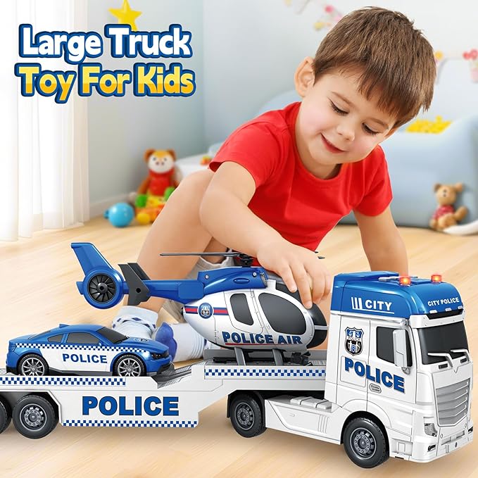 SpringFlower Toddler Boy Toys, 25" Large Police Truck Toy with Racing Car and Helicopter,3 in 1 Police Car Boy Toy, Christmas Birthday Gifts for Kids 3 4 5 6 Years Old