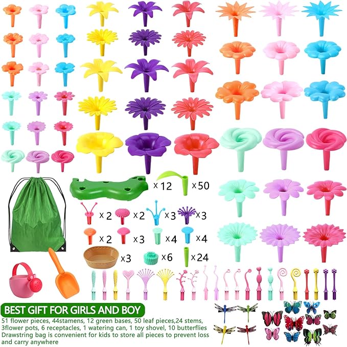LANNEY Flower Building Toy Set, 200 Pcs Flower Garden Building Toys for Girls Boys 3 4 5 6 7 Year Old, Educational Stem Build Garden Toy, Kids Toddler Birthday Gift Ideas