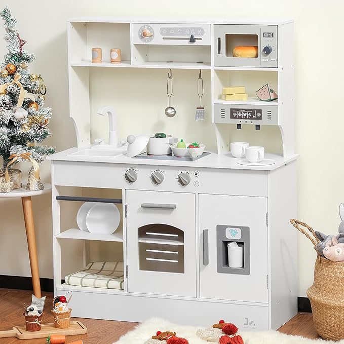 SainSmart Jr. Play Kitchen for Kids, Wooden Kitchen Playset with Lights & Sounds, Ice Maker, Oven & Sink, Trendy Home Style Toy Kitchen, Gift for 3+ Years