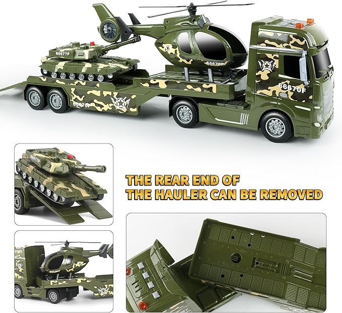 Dwi Dowellin Green Military Big Truck Toys,25.6" Semi Truck Toy with Helicopters and Tank,Army Toys with Lights & Sounds,Birthday Gift for 2 3 4 5 Years Old Boys and Girls