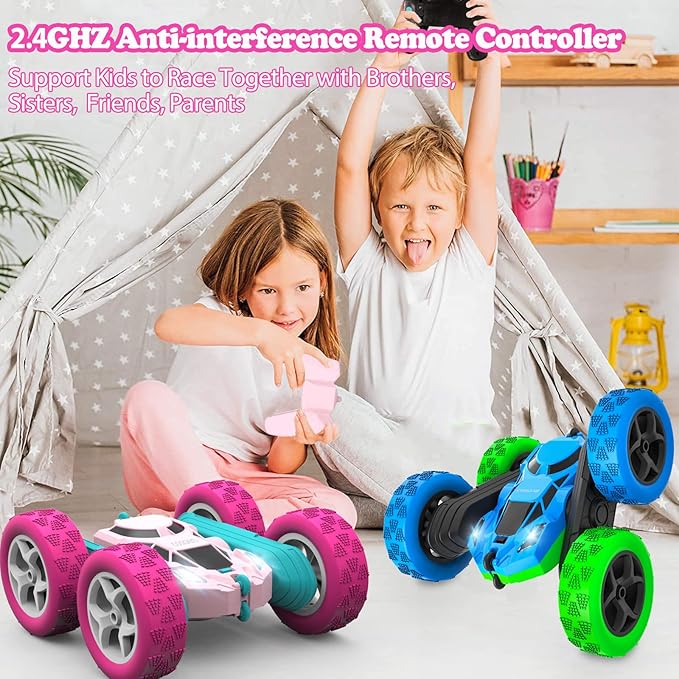 cosone Pink Remote Control Car for Girls - RC Stunt Cars with 4WD Double-Sided Driving 360° Flips Rotating, Off Road Remote Car Outdoor Toys for Kids Age 6 7 8-12, Christmas Birthday Gifts
