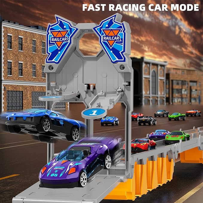 Racing Car Railway Truck Toy for Boys 2 3 4 5 6 7 Years Old - 78.7-inch Transport Carrier Trucks, Foldable Railway Storage, die-cast Car, for Toddlers and Kids Aged 3-5