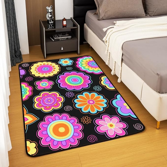 Erosebridal Groovy Flower Power Area Rug 5x7 Girls Neon Purple Black Vintage Floral Rug Hippie Aesthetic Psychedelic Botanical Non Shedding Indoor Floor Mat for Living Room