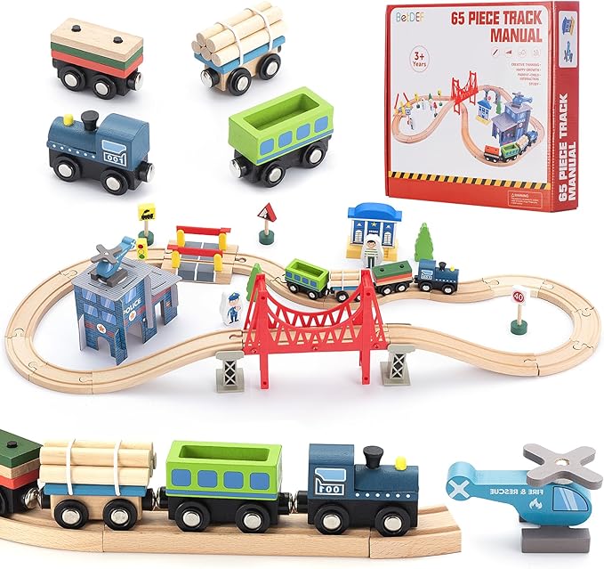Wooden Train Set 65PCS, Toy Train Sets with All-Wood Double Sided Train Tracks for Boys & Girls Fits Thomas, Brio, Melissa and Doug...(65PC)