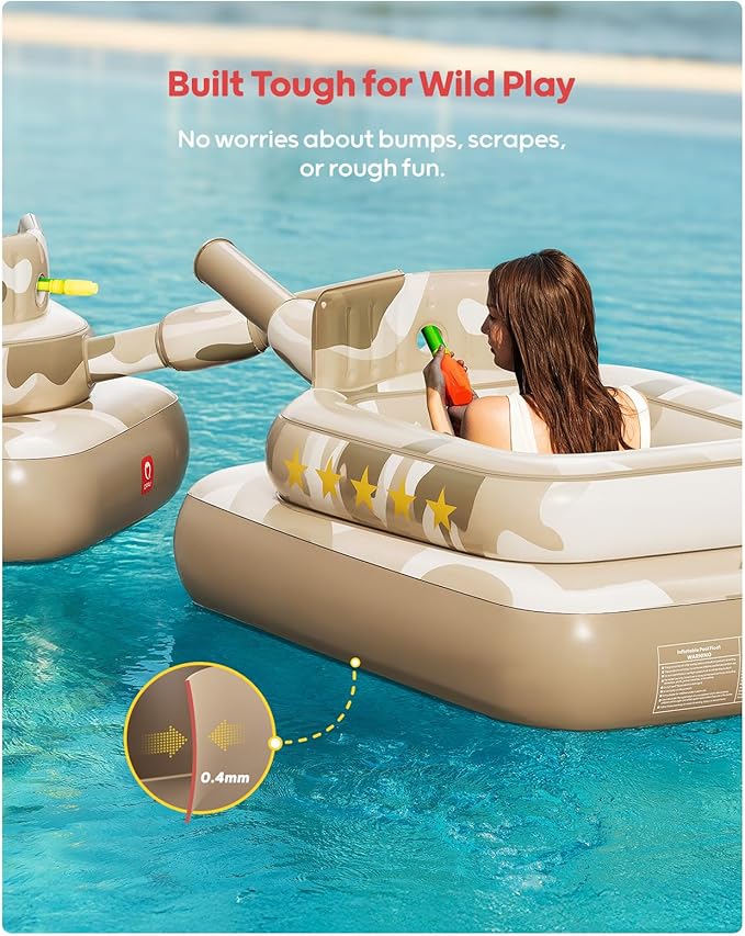 QPAU Inflatable Tank Pool Float for Adults & Kids – Ride-On Camouflage Floaty with Water Cannon, Swim Raft Toy for Boys Girls Ages 6+, Lake Beach Backyard Party Floaties
