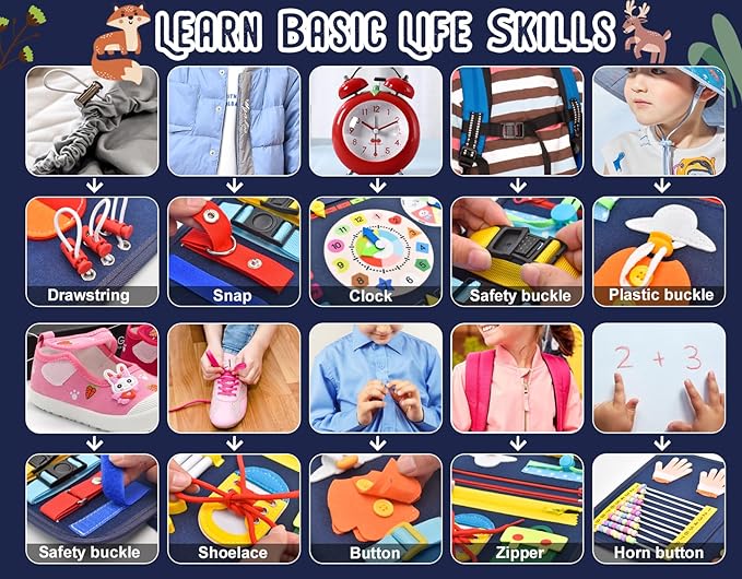 16 Pages Busy Board for Toddlers 1-3,Montessori Travel Toy for Plane/Car,Educational Sensory Toy for Toddlers 2-4,Preschool Activities Board for Developing Fine Motor Skills,Gift for Boys/Girls