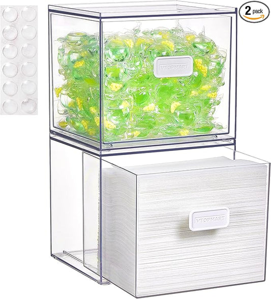 Vtopmart 2 Pack Dryer Sheet Holder and Laundry Pods Container,Clear Stackable Storage Drawers for Washing Powder, Scent Booster Beads, Color Catchers & Wool Balls, Ideal for Laundry Room Organization