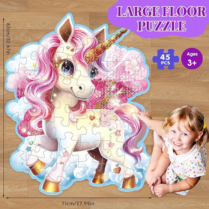 45pcs Shimmery Unicorn Floor Puzzles for Kids Ages 3-5, Jumbo Jigsaw Puzzles for Kids Unicorn Puzzle for Toddlers Age 3+ Year Olds, Unicorn Toy Gifts for Girls (Size: 28 '' x 33 '')