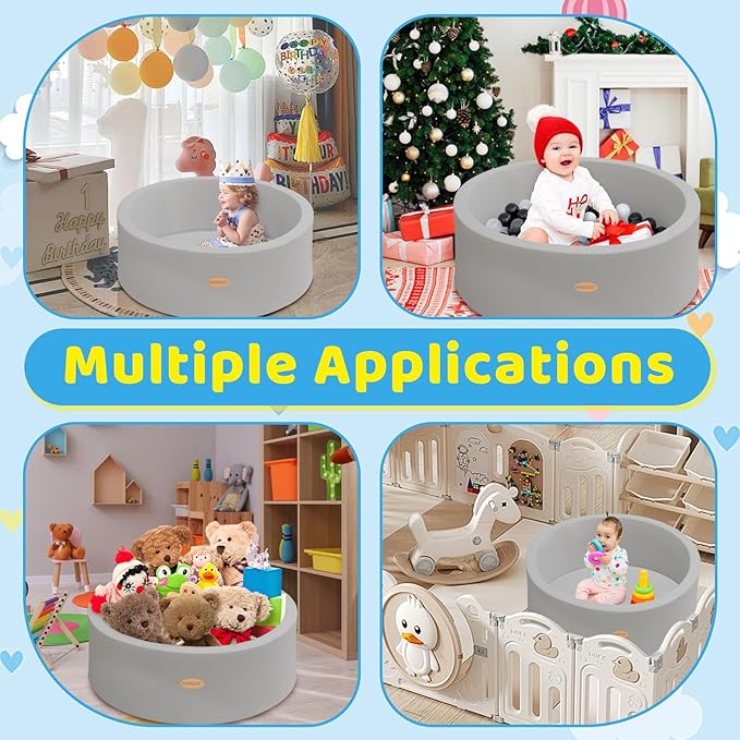 Baby Ball Pit 35.4" Soft Round Memory Foam Ball Pits NOT Included Balls Indoor Outdoor Playpen for Babies Toddlers Kids Great Gift for Girls Boys, Gray