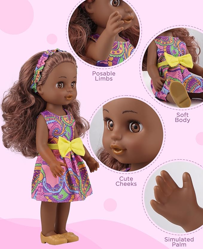 GAGAKU Black Doll for Girls, 14" Black Dolls Set for Toddlers Kids 1 2 3 4 5 6 Years Old, Black Girl Baby Doll with Hair to Comb, Including Doll Dress Clothes Outfits Hair Accessories