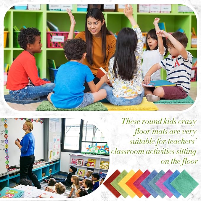 10 Pcs Kids Carpet Square Seats Soft Rainbow Floor Rug Mats Warm Colorful Hemming Floor Rug Cushions for Classroom Group Story Activity Home Play Area(18 Inch,Multi Color)