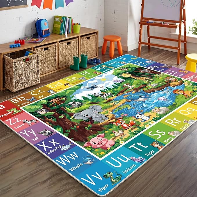 ABC Rug for Kids Room, ABC Baby Mats for Floor Toddlers, Non Silp Alphabet Play Mat Elementary Preschool Kid's Rugs with Animal Illustrations - (78.7X59 Inches)
