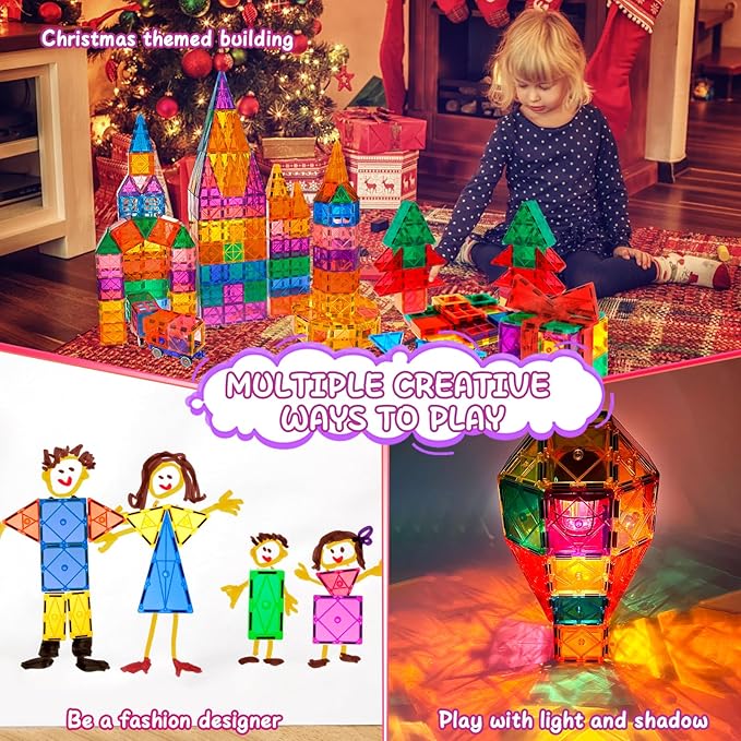 132PCS Magnetic Tiles with 2 Cars Deluxe Set, 3D Magnetic Building Blocks, Preschool Magnetic STEM Toys Sensory Educational Toys for Toddlers Kids 3 4 5 6 7 8-12, Gift for Boys Girls