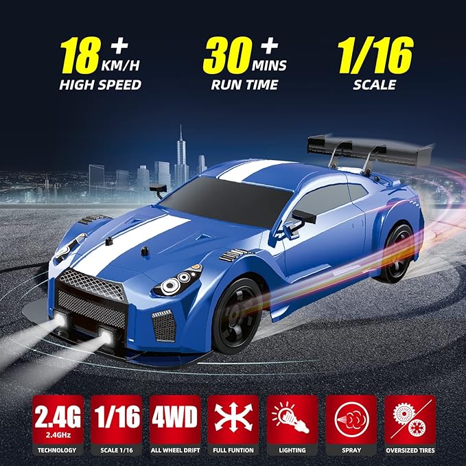 RC Drift Car 1/16 2.4GHz 4WD Remote Control Racing Car, 18KM/H+ High Speed with Spray, Cool Lights, Extra Tires - Kids Toy