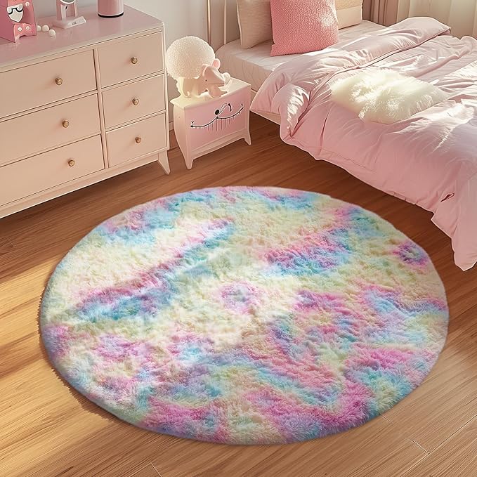 Ophanie Round Rug 4Ft Rainbow Circle Area Rug, Cute Room Decor for Teen Girls, Fluffy Fuzzy Bedroom Carpet, Plush Soft Shaggy Living Room Rugs for Kids Home Decor Aesthetic, Nursery