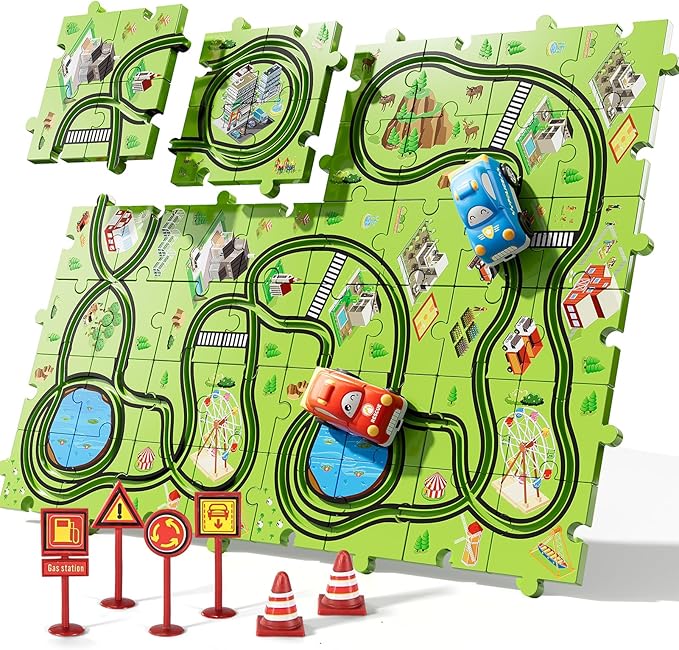 Bennol Toddler Toys Gifts for 2 3 4 5 Year Old Boys, 56 Jigsaw Puzzle Race Track Car Set Toys for Kids Boys Toddlers 1-3 2-4 3-5 4-6, Puzzle Tracks Car Toys Gifts for 2 3 4 5 Year Old Boys Kids