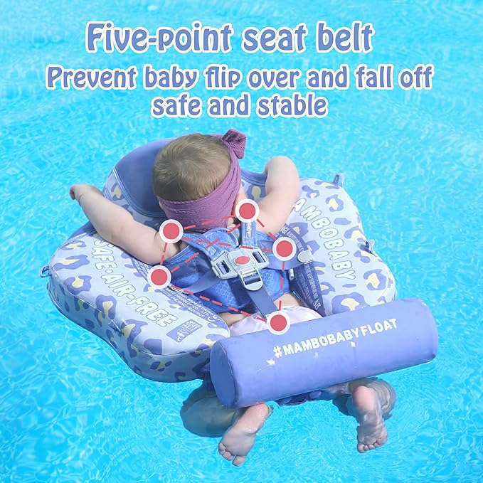 Mambobaby Float Add Tail Baby Swim Float with Canopy Solid Pool Infant Swim Trainer Swimming Training Lying Air Free Water Floats Non-Inflatable Waist Swim Ring for Toddlers (Leopard)