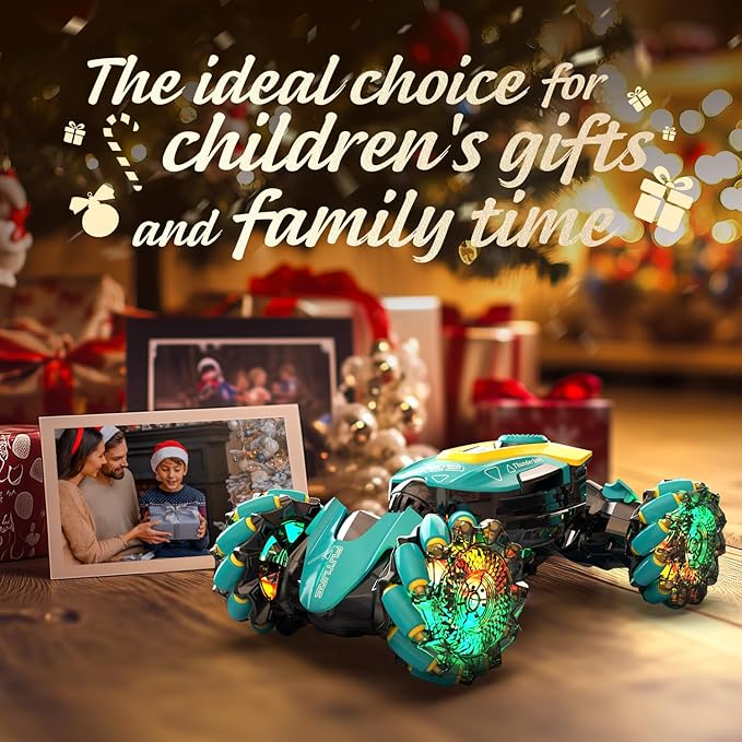 DEERC Gesture Sensing RC Stunt Car with Fog Mist & Music, 4WD Hand Controlled Remote Control Drift Car Toy for Kids, All Terrain Off-Road Double-Sided Driving with Lights, Birthday Gift for boy