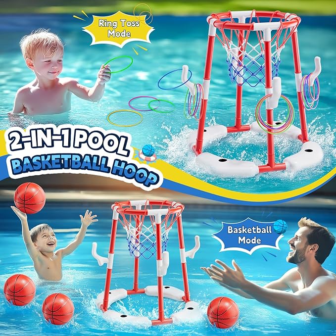 Pool Basketball Hoop, Floating Game with 6 Balls & Pump, Kids Pool Toys for Outdoor Summer Fun, Adjustable Height for Ages 4-8-12, Family Swimming Pool Accessory（red）