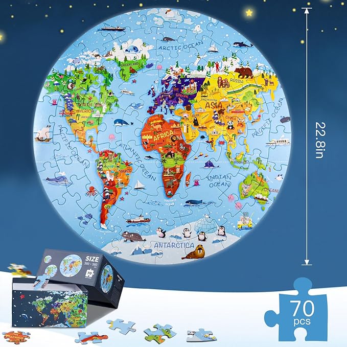 World Map Jigsaw Puzzle for Kids 4-8, 70 Piece Large Round Floor Puzzles for Kids Ages Toddler Puzzle Globe Geography Games Educational Toys Birthday for Children
