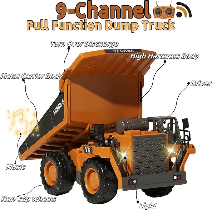 9-Channel Metal RC Dump Truck with Lights and Sound, Remote Control Construction Vehicles Toys for Adults Kids Boys Ages 3 4 5 6 7 8 9 10 11 12 13+