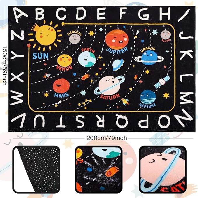 Outer Space ABC Alphabet Educational Rug, 78.7"X59", Non Slip Solar System Galaxy Planets Playroom Rug, Washable Area Rug Carpet for Classroom, Bedroom, Kids Room Decor
