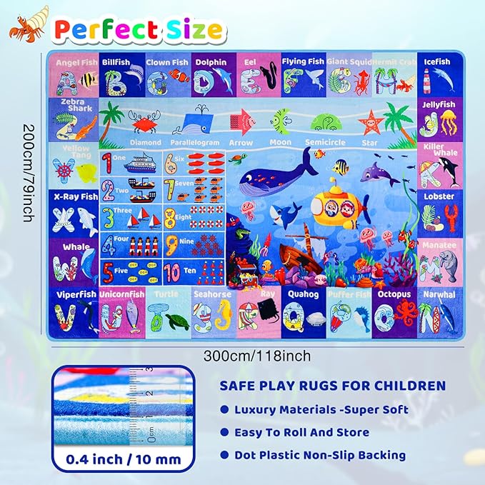 ABC Kids Rug for Playroom 78.7"118" Ocean Baby Play Mat Alphabet Sea Animal Number Shape Classroom Early Learning Carpet for Preschool Toddlers