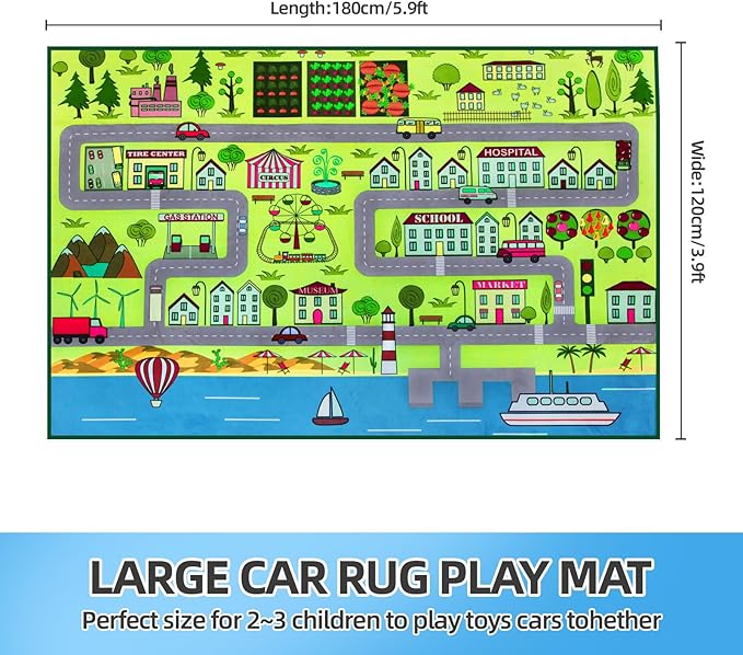 Large Kids Carpet Play Mat Rug for Playroom, 48'' x 71'’ Car Rugs Mat for Kids Toy Cars, City Life with Road Traffic Playmat Rugs Great for Kids Bedroom Play Room Boy Room Decor, Green