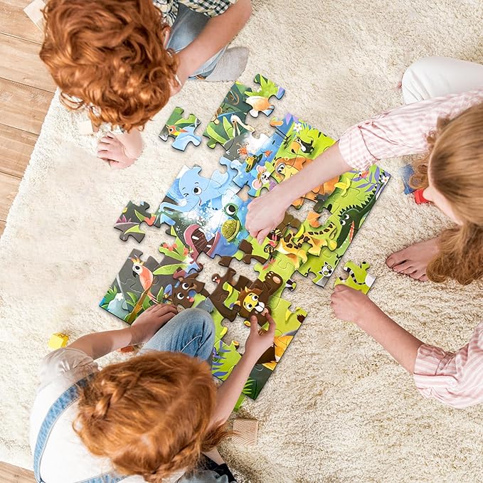 Jumbo Floor Puzzle for Kids, Dinosaur Puzzle for Kids Ages 4-8, 48pcs Jigsaw Puzzle for Toddlers 3-5 Year Old, Preschool Learning & Education Toys, Great Gift for Children(Jungle Animals)